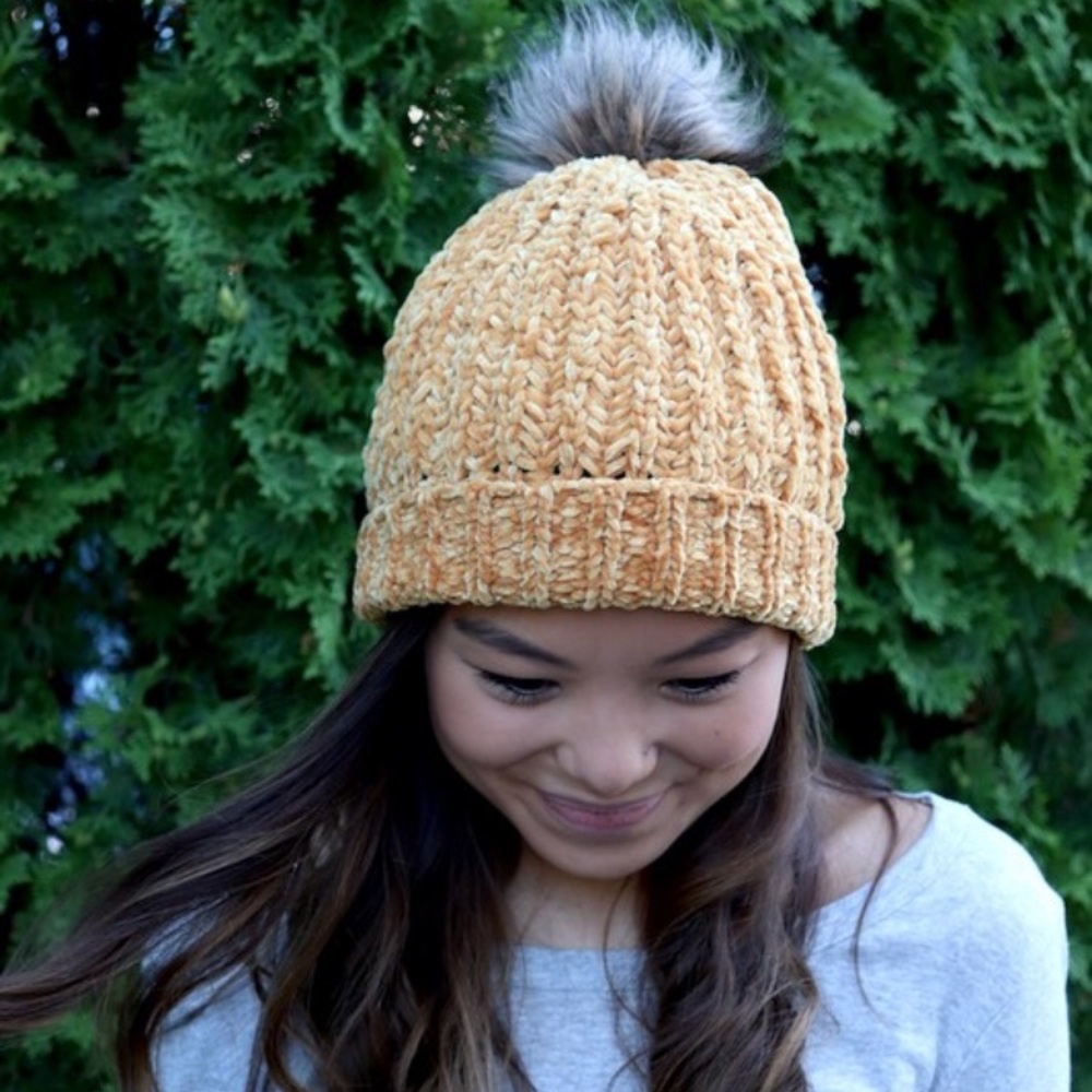 SOLD OUT Golden Mustard Chenille Knit Fur Pompom Beanie - Picture 3 of 4